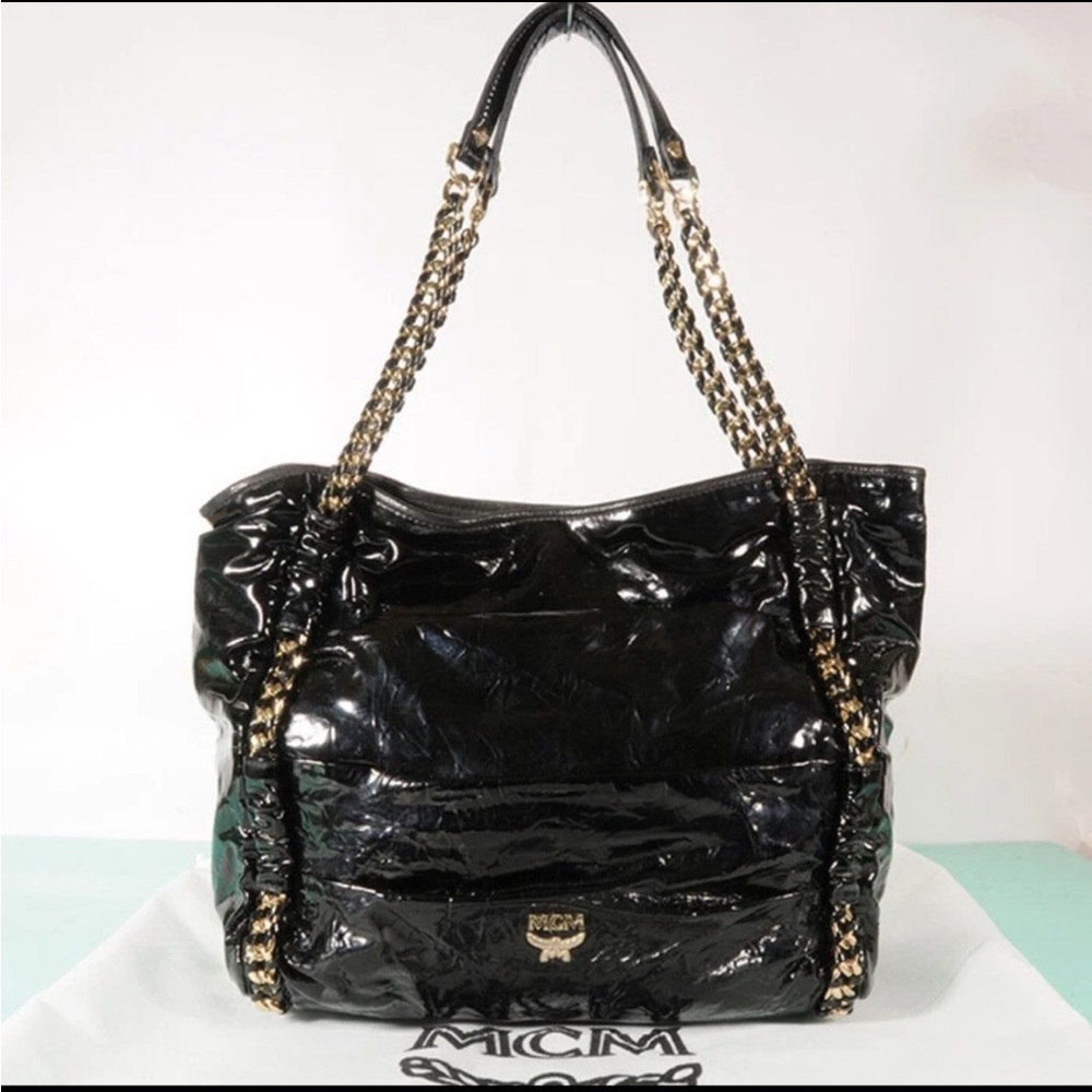 MCM Black Patent Shoulder Bag with Chain Straps